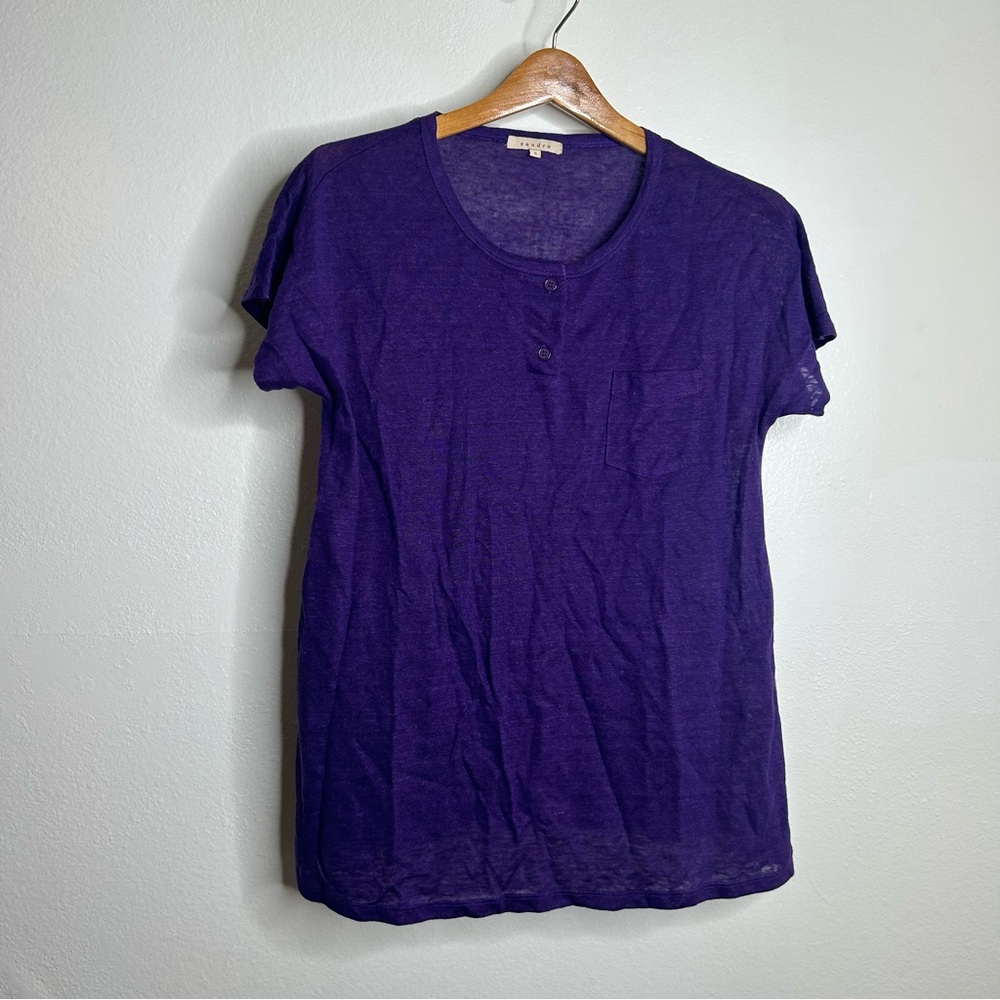 Sandro 100% Linen Purple Knit Short Sleeve Lightweight Top Size 3/ Large
